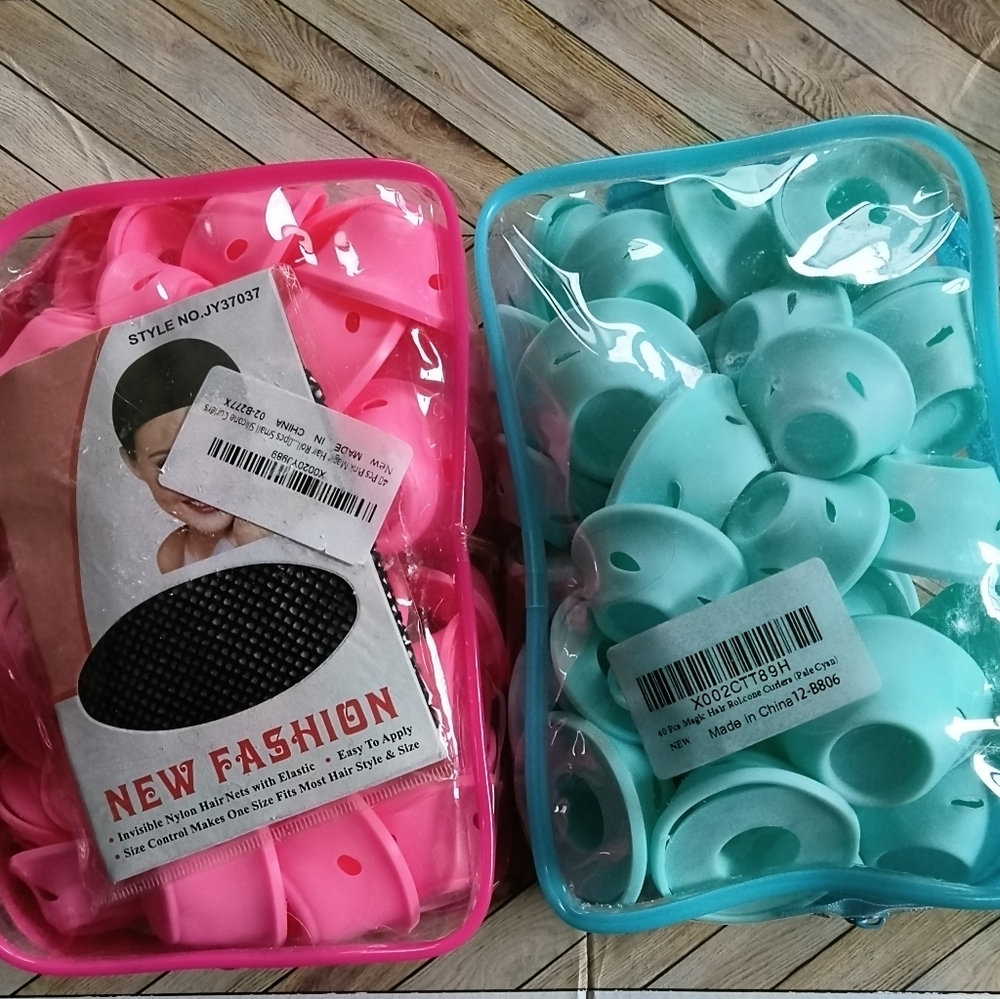 Pink and Blue Silicone Hair Curlers - Two Sets